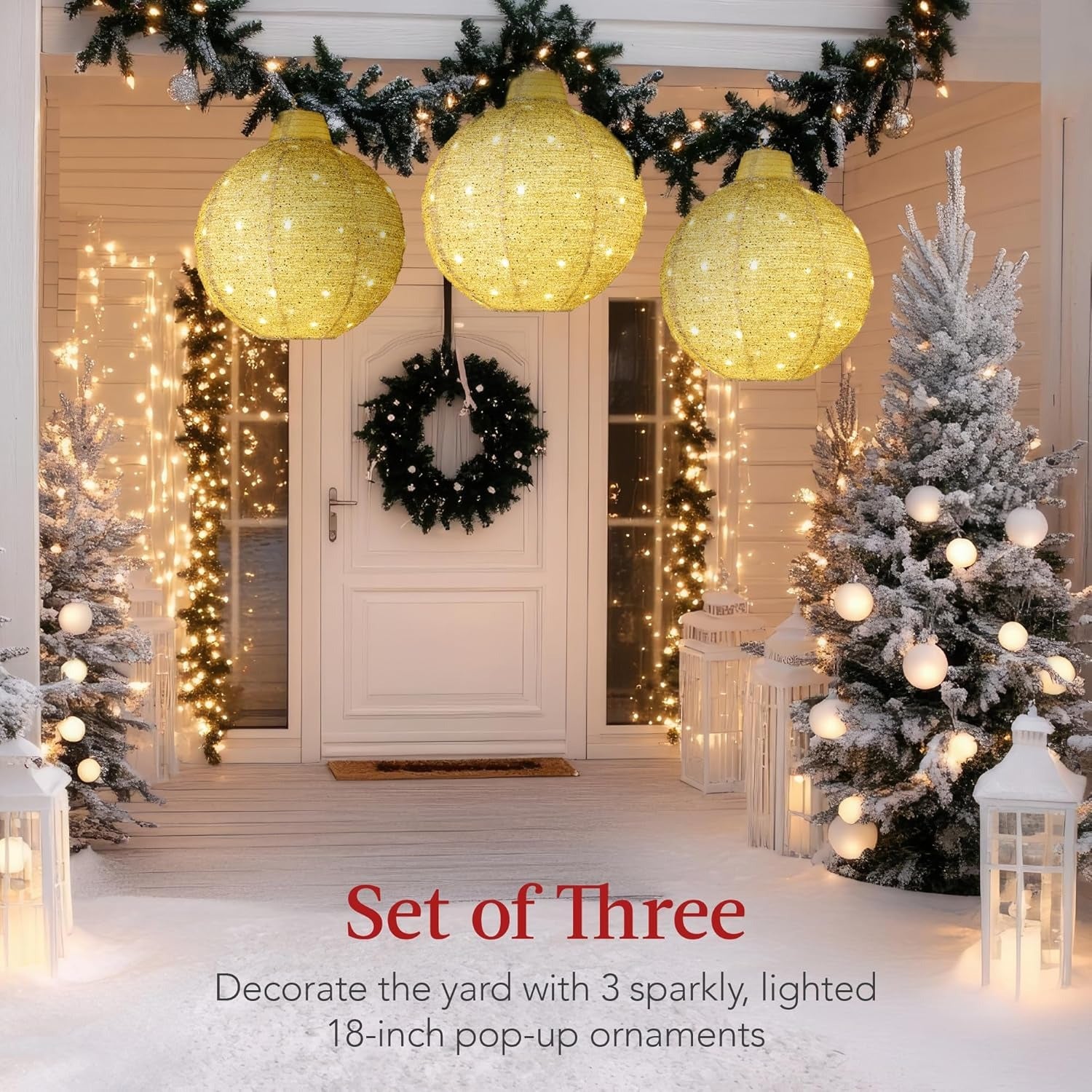 Decorative outdoor scene with Christmas lights, trees, and ornaments.